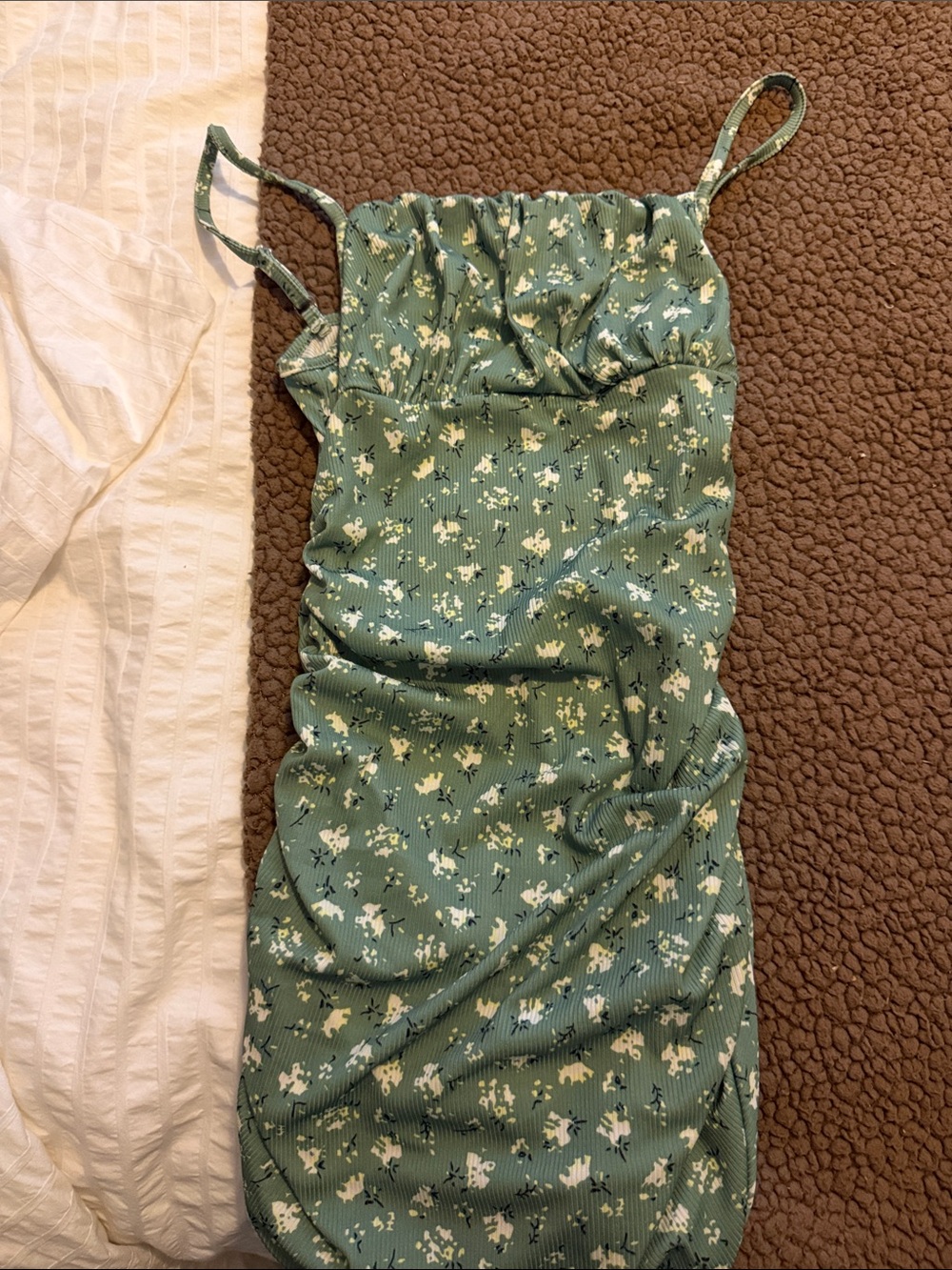 Green Floral Ruched Bodycon Dress - Sleeveless Spaghetti Straps